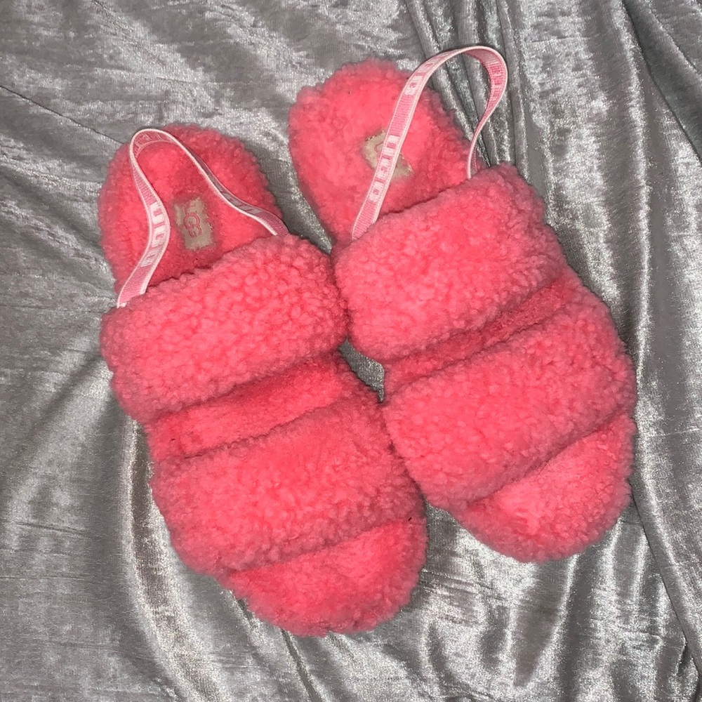 PINK UGG PLATFORM SLIDE SANDALS OH FLUFFITA SLIPPER